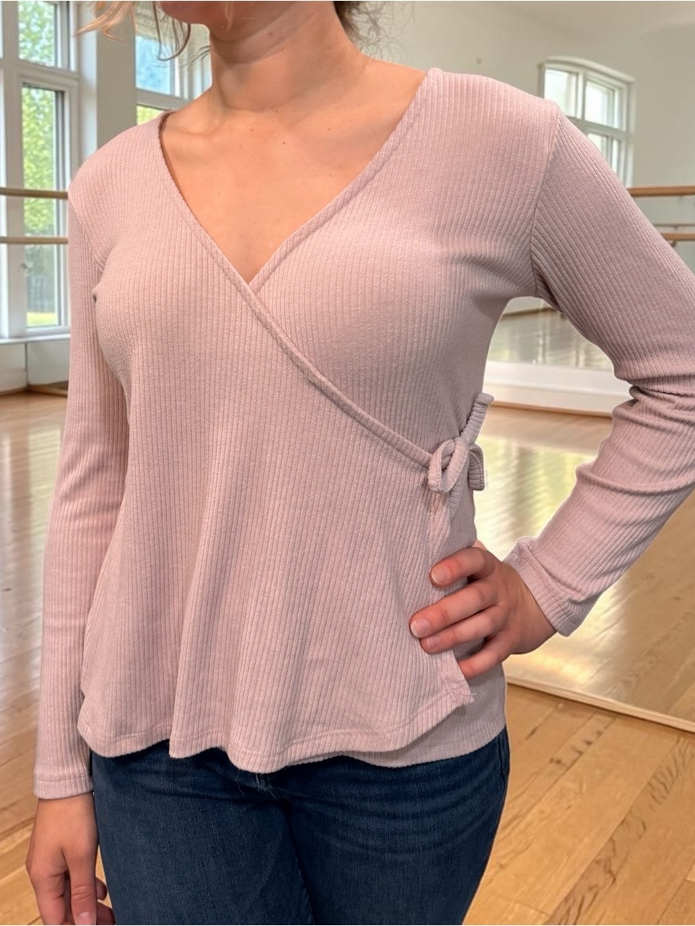 Old Navy Light Pink Ribbed Wrap-Front Long Sleeve Top